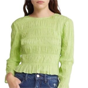 FRAME Smocked Long Sleeve Top Chartreuse Green Ruffle Hem Trendy Blouse SZ L